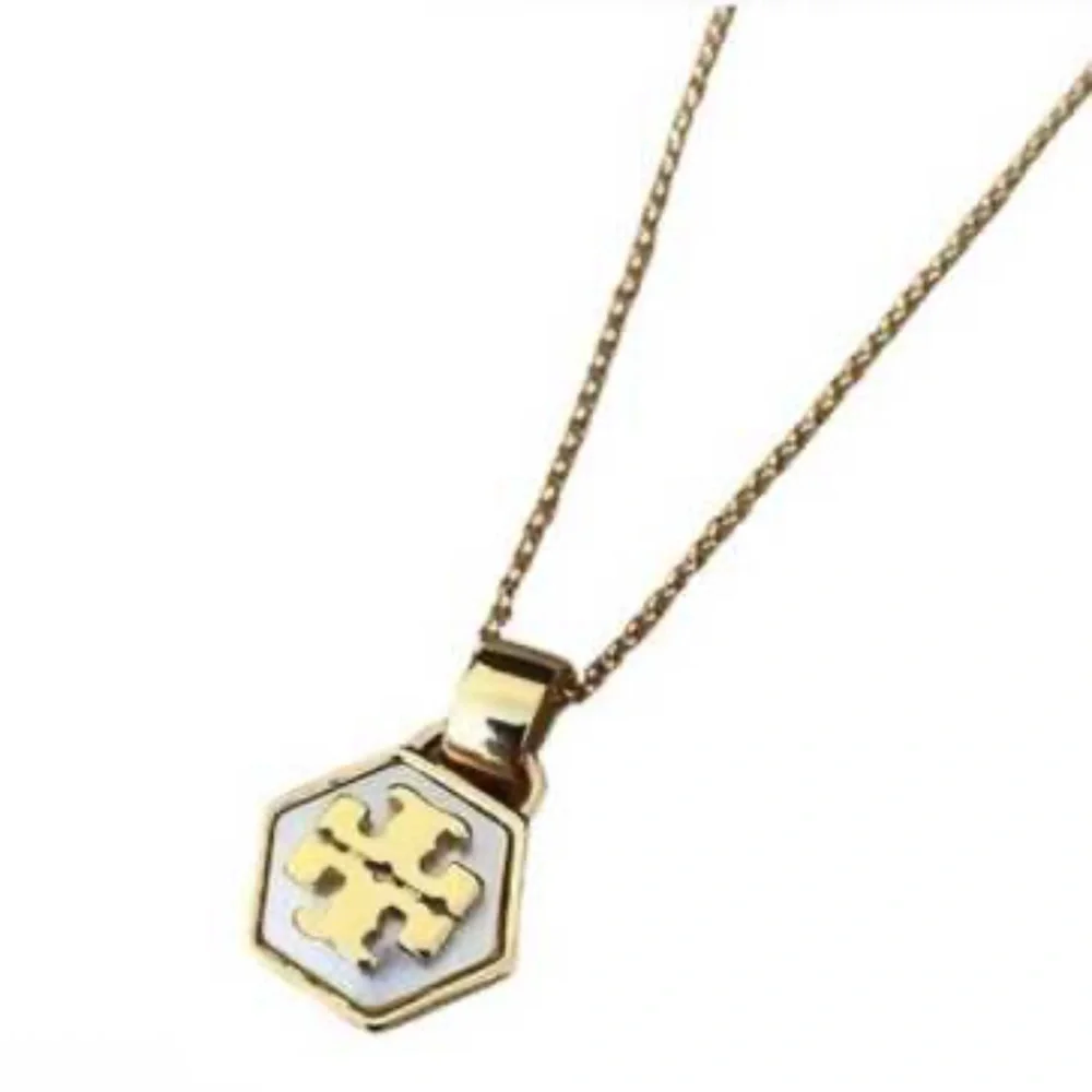 Tory Burch Gold Mother of Pearl Hexagon Pendant Necklace NWT